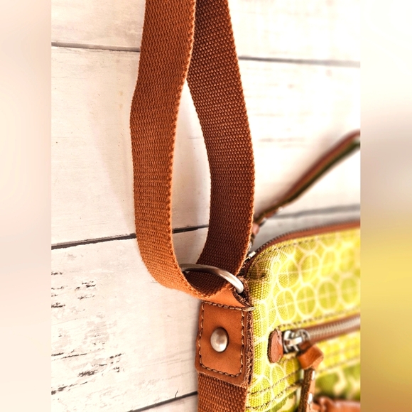 Vintage Fossil Green Canvas & Brown Genuine Leather Crossbody Purse Floral - Picture 4 of 16
